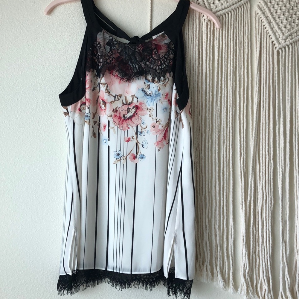White House Black Market Floral Striped Lace Top